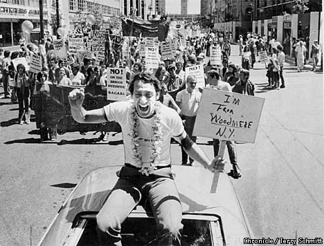 harvey-milk-1 2009 Presidential Medal of Freedom recipient Harvey Milk, pictured here in 1978's San Francisco Gay Freedom Day Parade. (Image from Terry Schmitt/S.F. Chronicle.)