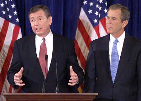 ashcroftbush Then-Attorney General Ashcroft and President Bush at a news conference.