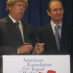 Olson and Boies speaking at the news conference after the hearing.