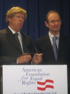 Olson and Boies speaking at the news conference after the hearing.