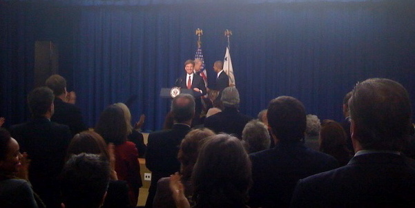 ambhuebner2 Following the swearing-in ceremony of Ambassador Huebner, Vice President Biden congratulates Dr. McWaine, Huebner's spouse.